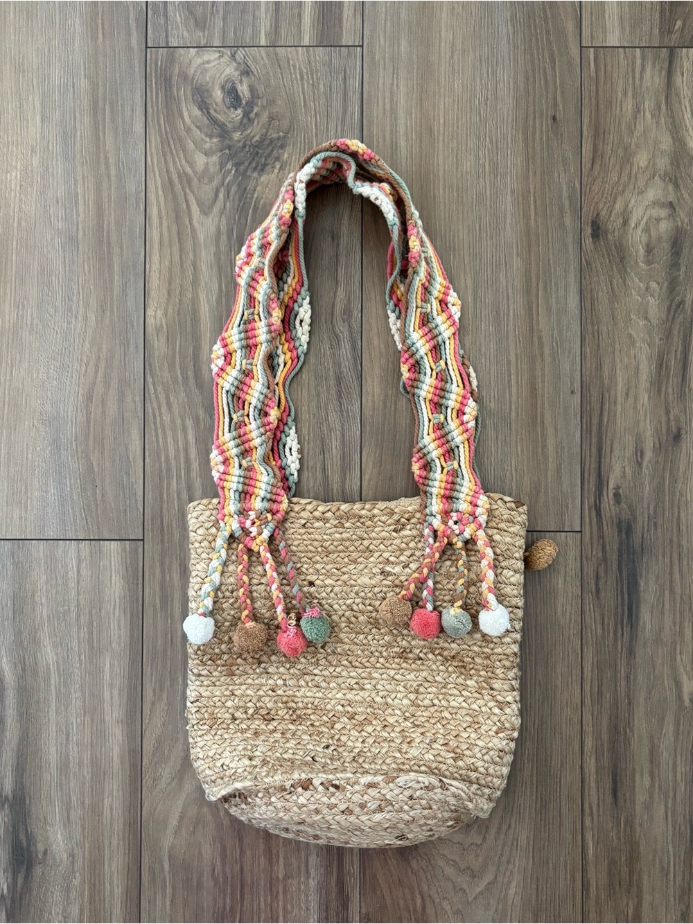 America & Beyond Woven Shoulder Bucket Pom Pom Bag